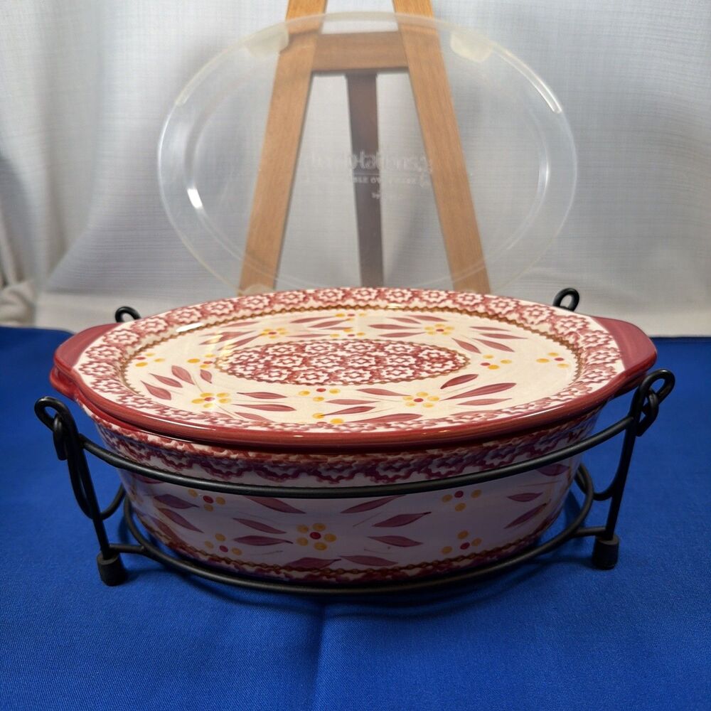 Temptations Old World Cranberry 1.5 Qt Oval Casserole Nesting Bowl Lid Rack Set